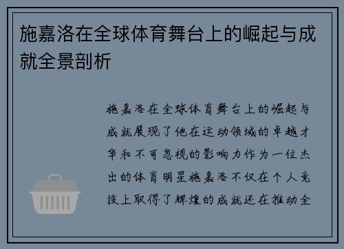 施嘉洛在全球体育舞台上的崛起与成就全景剖析
