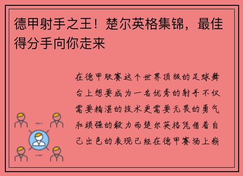 德甲射手之王！楚尔英格集锦，最佳得分手向你走来